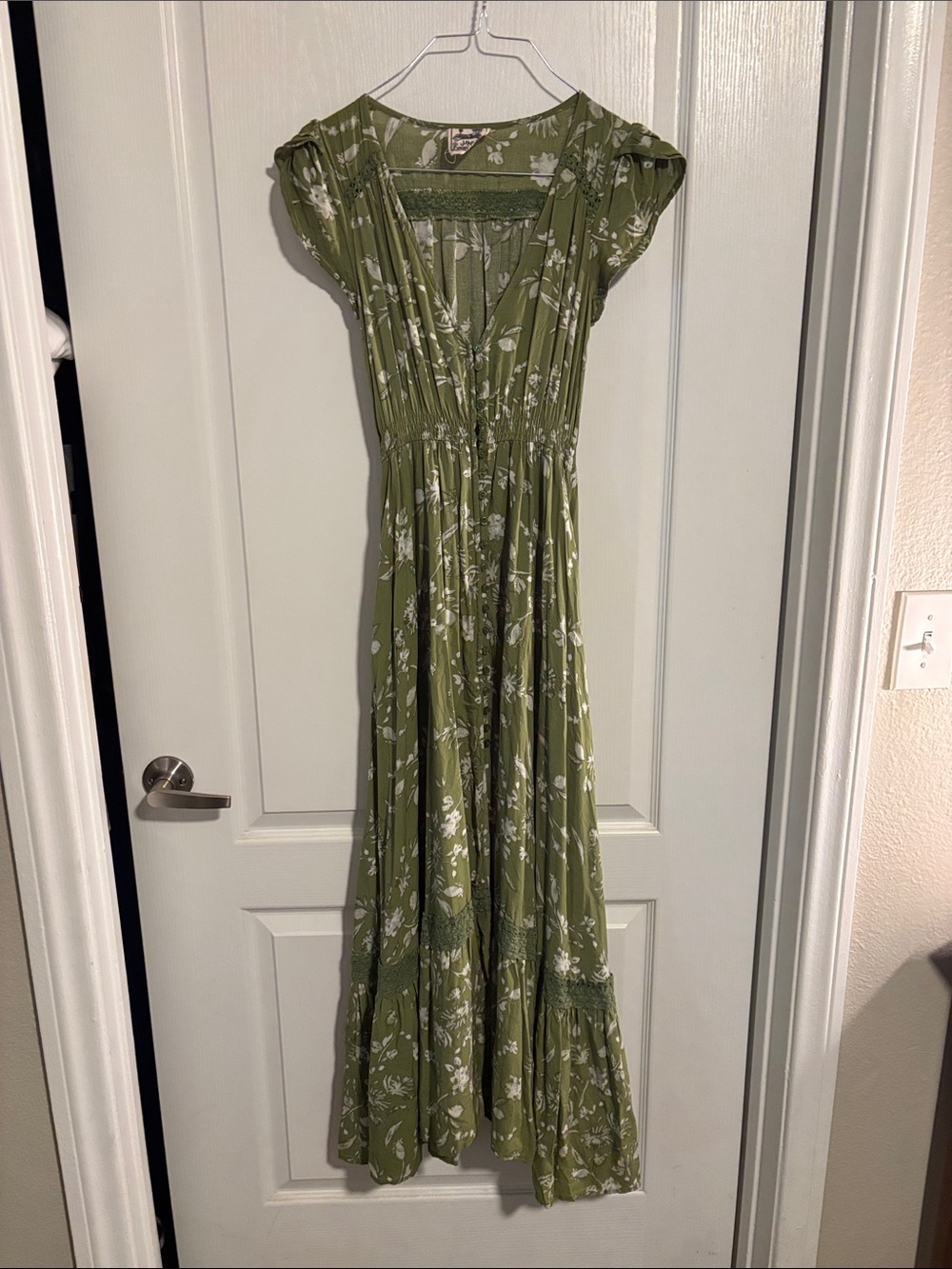 Floral V-Neck Olive Green Maxi Dress